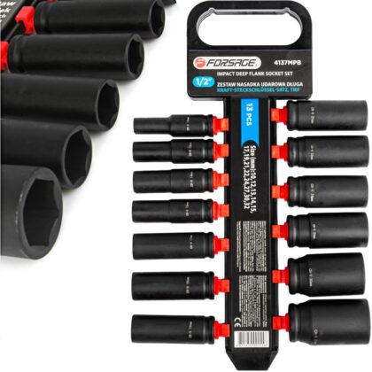 Nasadki udarowe długie klucze nasadowe CRV mocne zestaw 1/2" 10-32 mm 13el FORSAGE